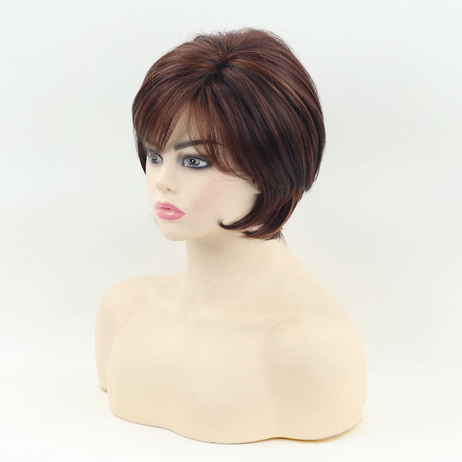 Women Short Straight Auburn Wig Side Bangs Heat Resistant Synthetic Hair