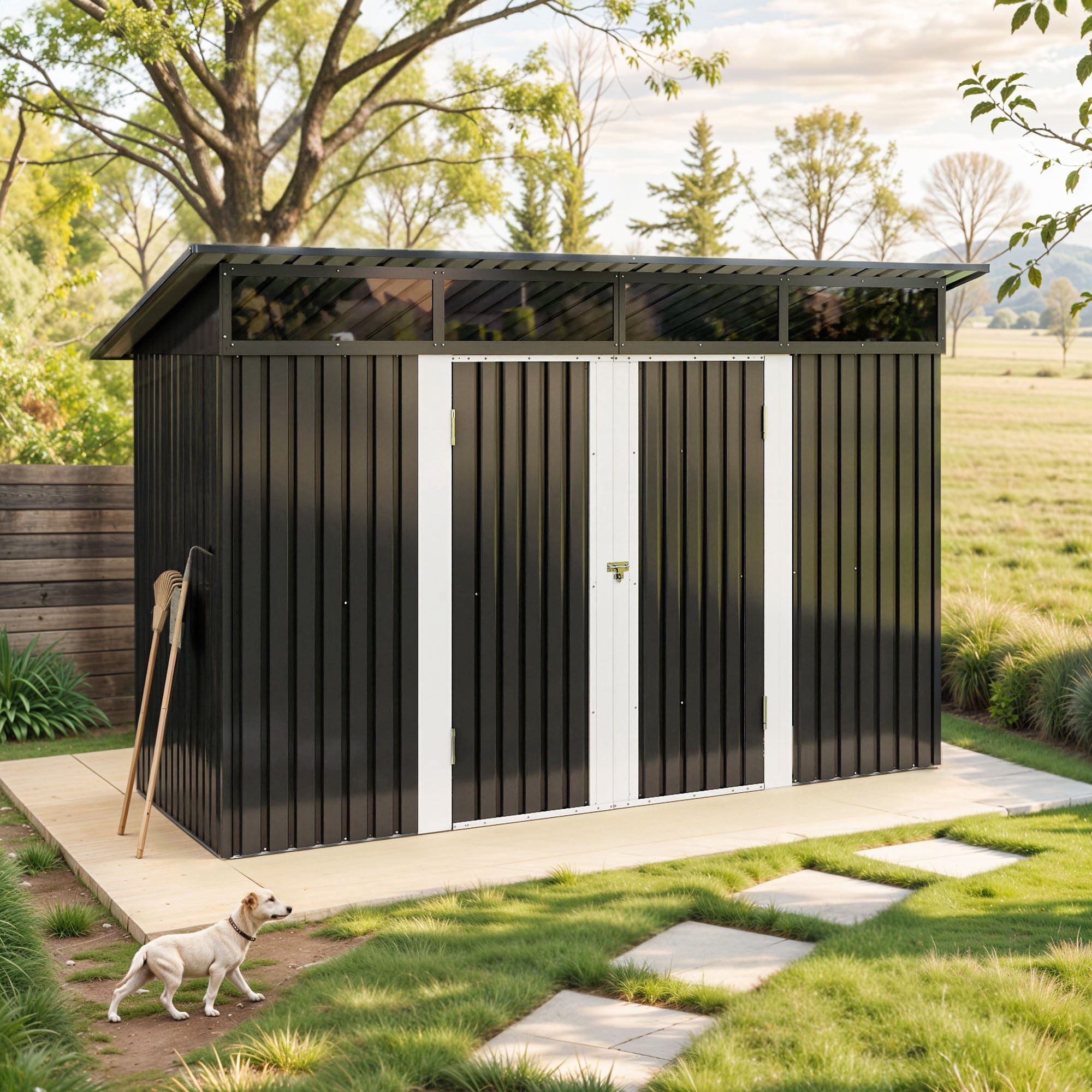 Craftian 8.5x3.2 FT Outdoor Storage Shed with Acrylic Windows, Secure Access Lock for Bike Garden Patio Dark Gray