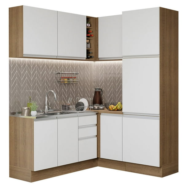 Cocina Integral Esquinera 329cm Marrón/Blanco Glamy Madesa