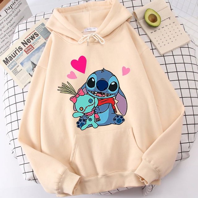 Sudaderas con capucha de punto de Disney para mujer, jerséis Harajuku, Tops informales Kawaii bonitos, Sudadera con capucha con estampado de Ángel y cuello redondo, manga larga