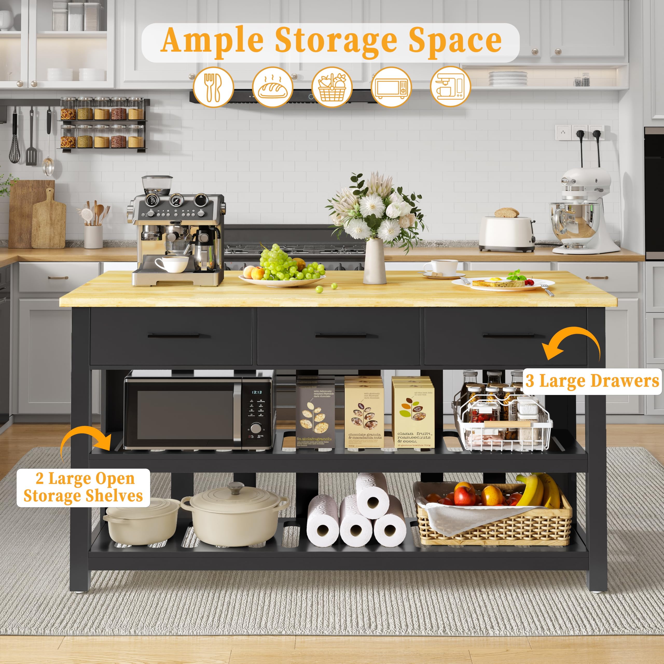 ChicZhiNest Kitchen Island with Storage, 60" Solid Rubberwood Top Kitchen Island with Power Outlet and 6 Hooks, Black