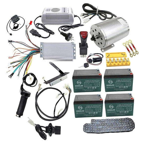Full Set of 48V 1800W Brushless Electric Motor Controller Throttle Grip Pedal Wiring Harness Ignition Key 4 x12V Battery for Go Kart Scooter E Bike Motorized Bicycle ATV Moped Mini
