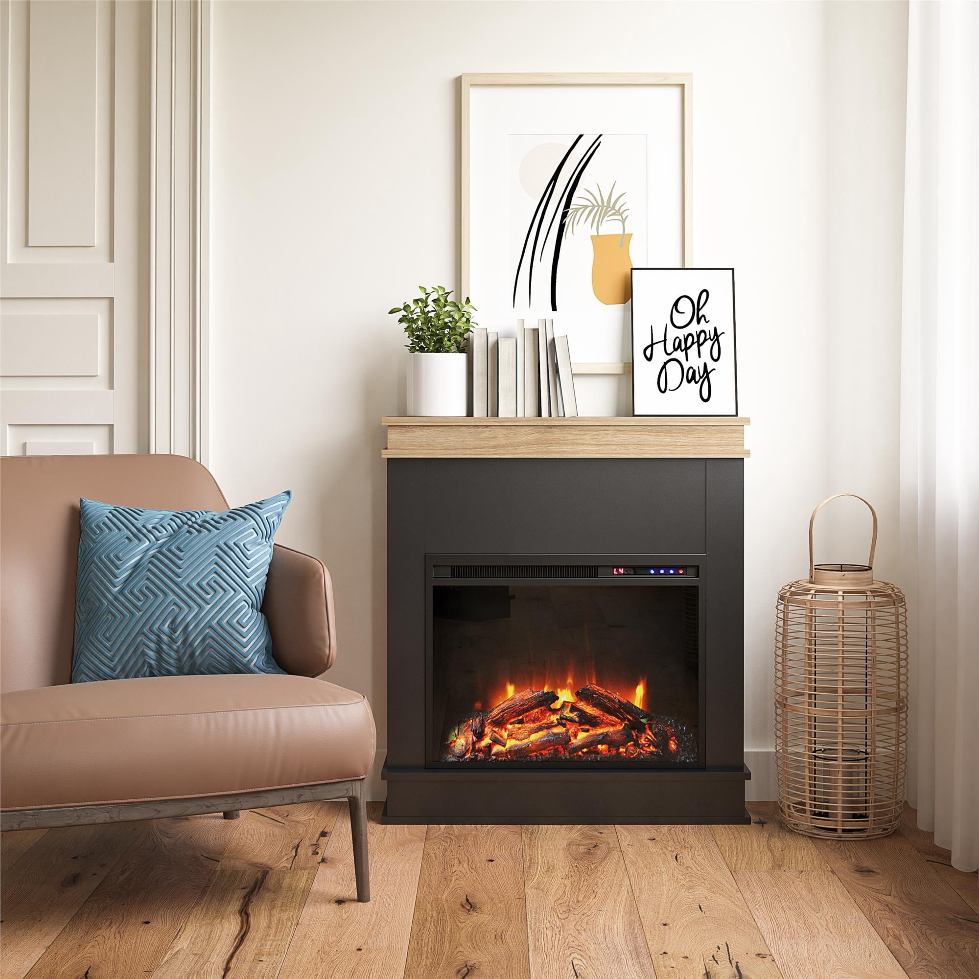 Ameriwood Home Mabrick Electric Fireplace with Mantel and Touchscreen Display, Black with Natural Mantel