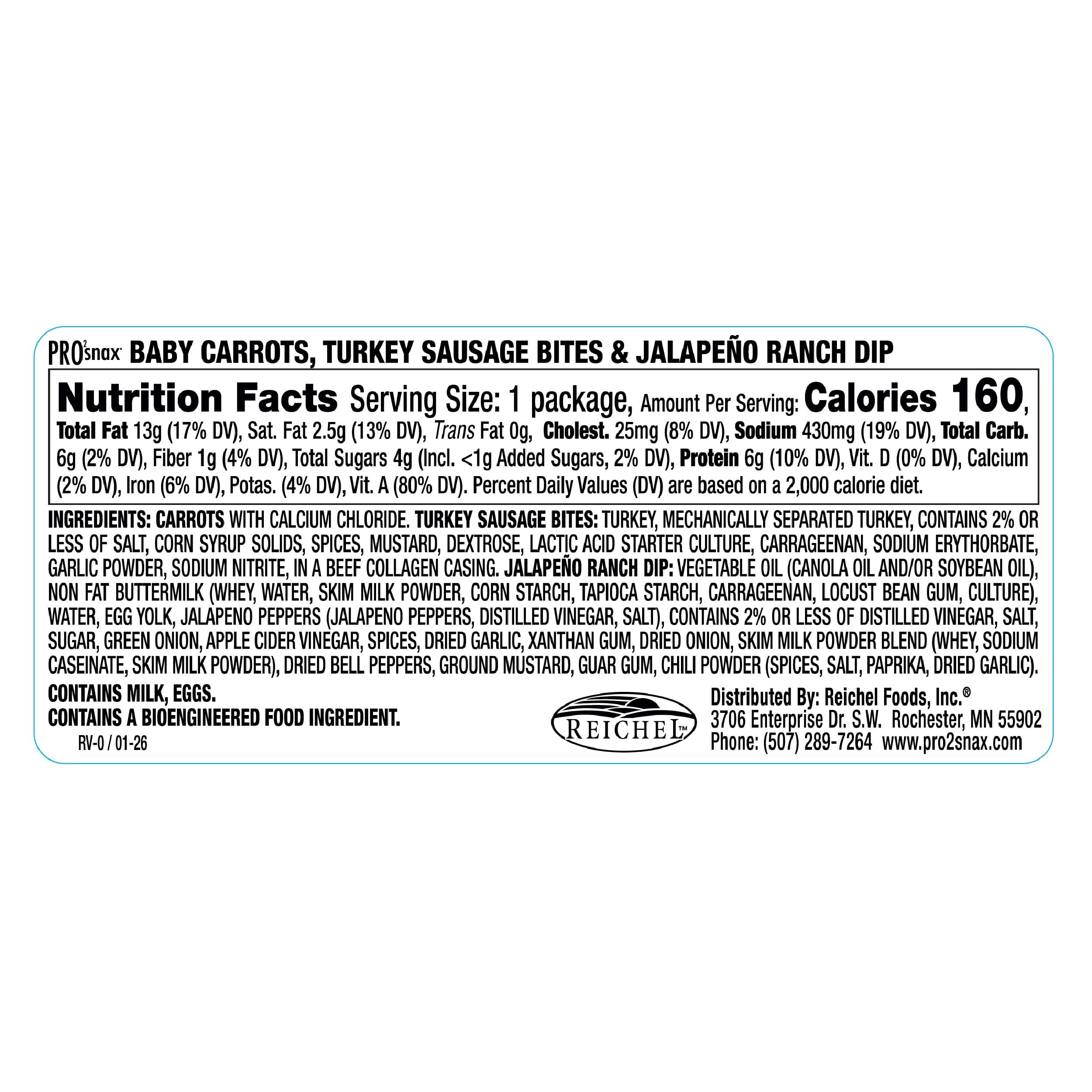 PRO2snax Baby Carrots, Turkey Sausage Bites & Jalapeño Ranch Dip, 3.00oz