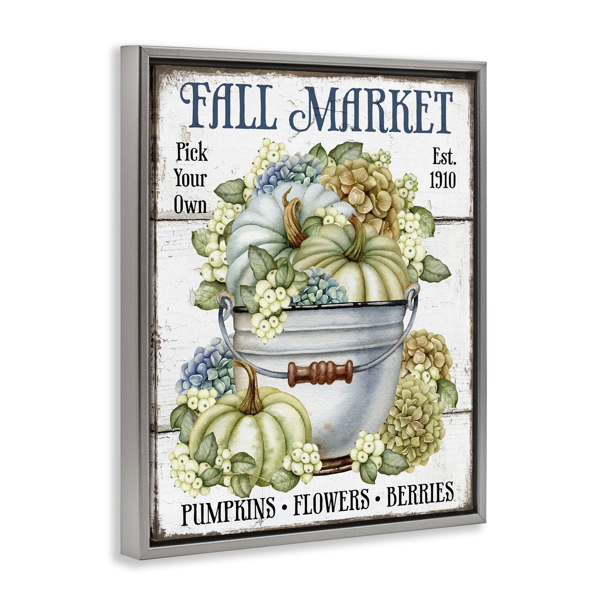 Stupell Industries Vintage Pumpkins & Hydgrangea Holiday Painting Gray Floater Framed Canvas Art Prints Wall Art, 17 x 21