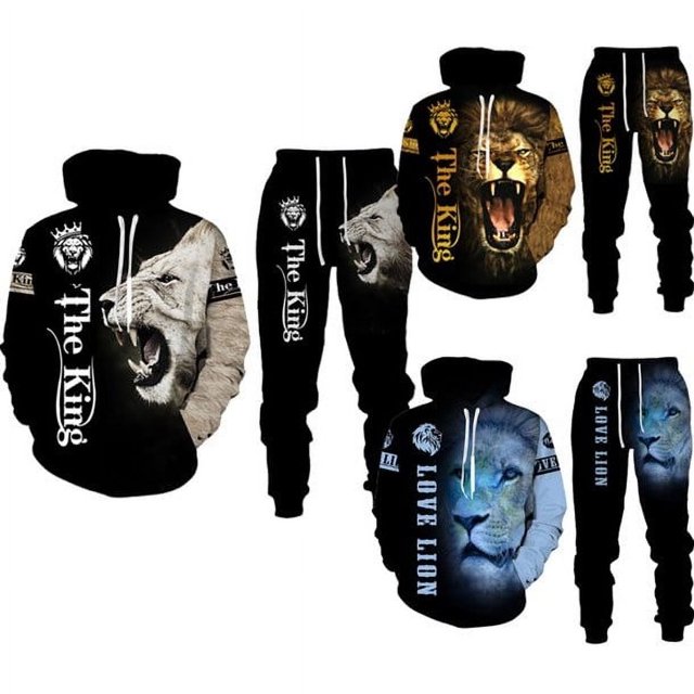 Conjunto de chándal para hombre con estampado 3D de león, manga larga, para correr y trotar