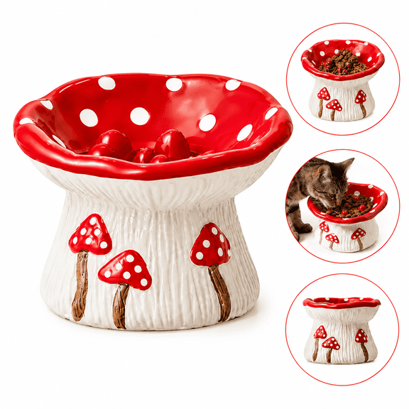 Cute Mushroom Elevated Ceramic Slow Feeder Bowl, Anti‑Vomiting Anti‑Fatigue Wide Shallow Design for Cats and Small Dogs