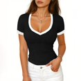 thumbnail image 2 of idosla Women's Ribbed V Neck Short Sleeve T-Shirts Slim Fit Stretchy Basic Tee Tops Summer Casual Soft Tops for Daily Wear (Black, L), 2 of 7