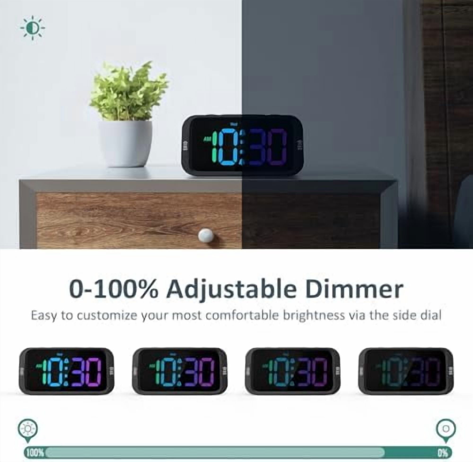 Digital Dual Alarm Clock for Bedroom: RGB Electric Clock with USB Charger for Kids Teens - Dimmable Clock with Weekday Weekend Mode for Bedside Desk