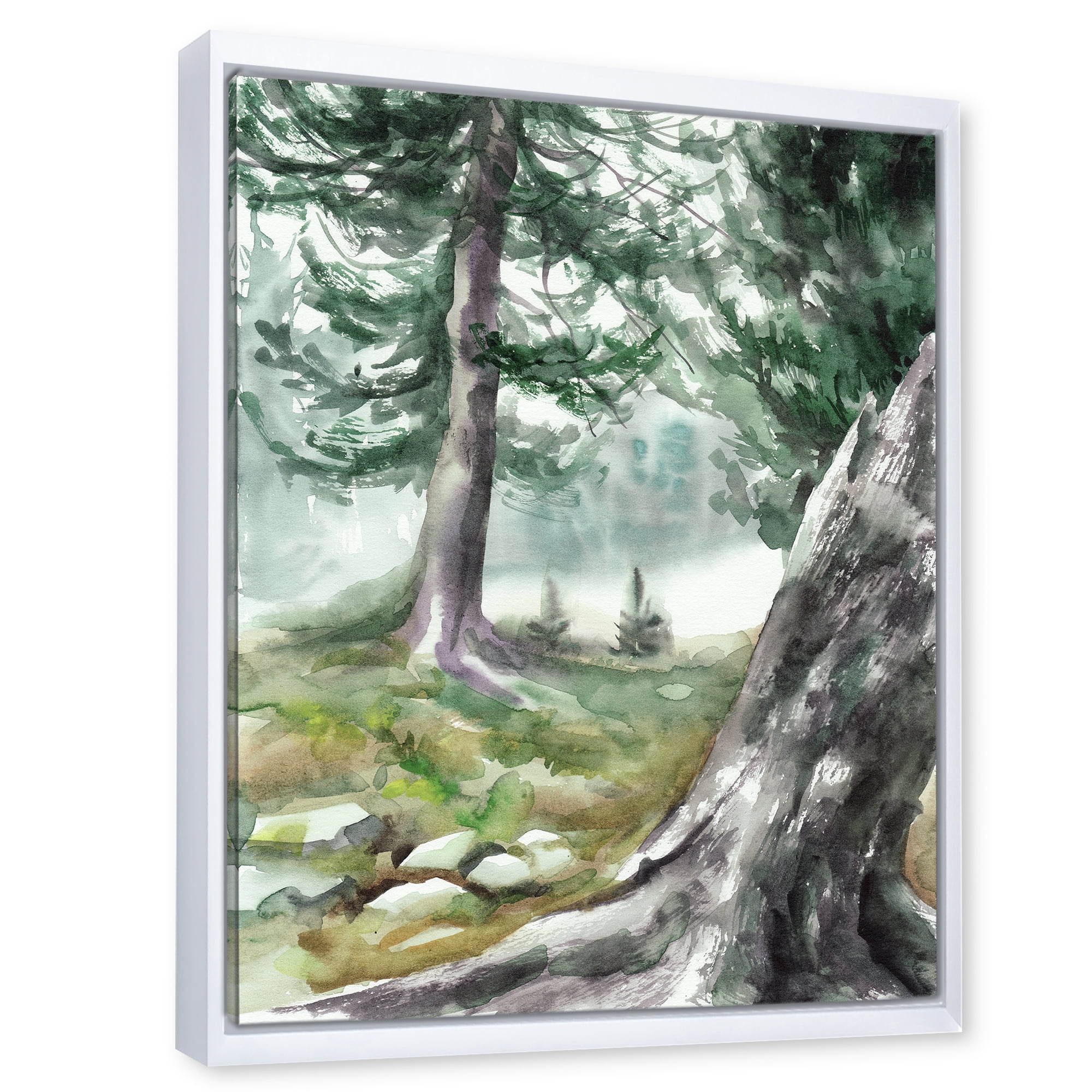 Pine Forest In The Early Morning Glow 24 in x 32 in Framed Painting Canvas Art Print, by Designart