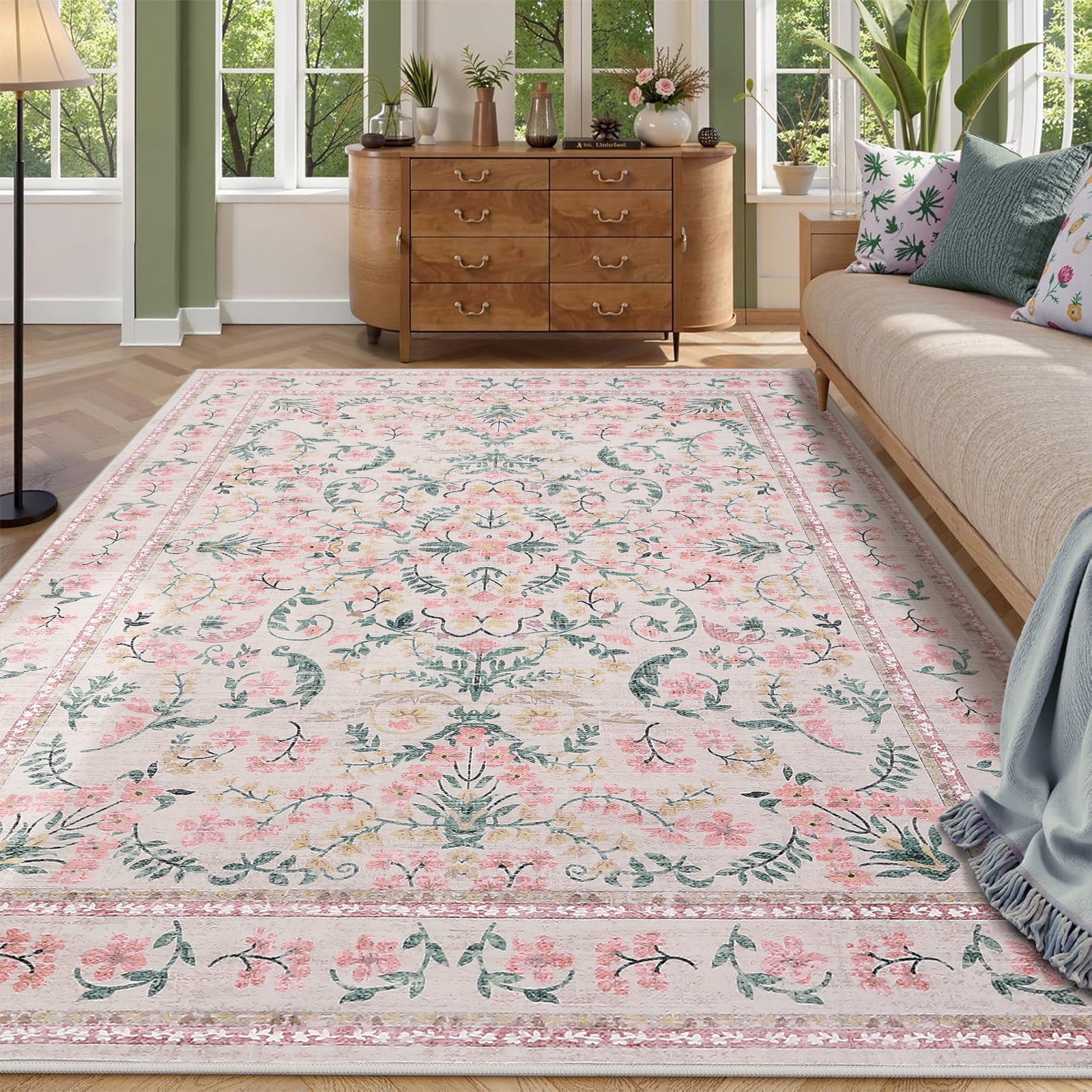 Memoryfield Washable Vintage Area Rug 9' x 12', Soft Low Pile Indoor Non Shedding Floor Covering, Foldable Floor Mat, Pink