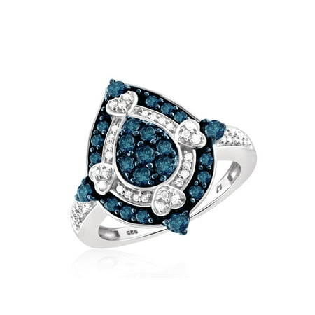 Blue Topaz Pear Ring - 1.00 CTW Round cut Blue & White Diamond Pear Shape Sterling Silver Ring
