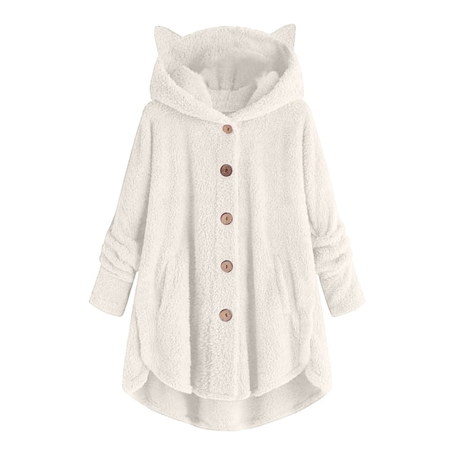 Wensltd Long Sleeve Plush Jacket for Women Hooded Loose Fit Fall Winter Outdoor Button Down Jackets