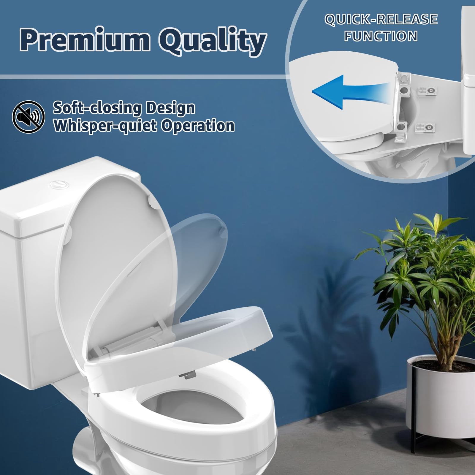 Raised Toilet Seat Elongated 18.5'' For Seniors - Soft Close  Quick Release & Connect Sturdy Pp Material Won't Loosen Ideal Mobility White