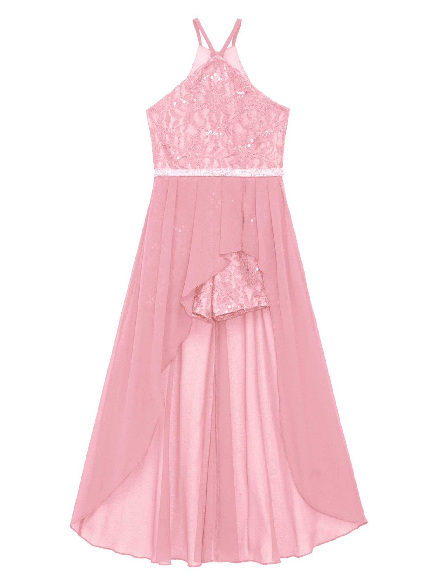 yunn⭐︎kids iiniim Kids Girls Floral Lace Shiny Rhinestone Asymmetrical Dress