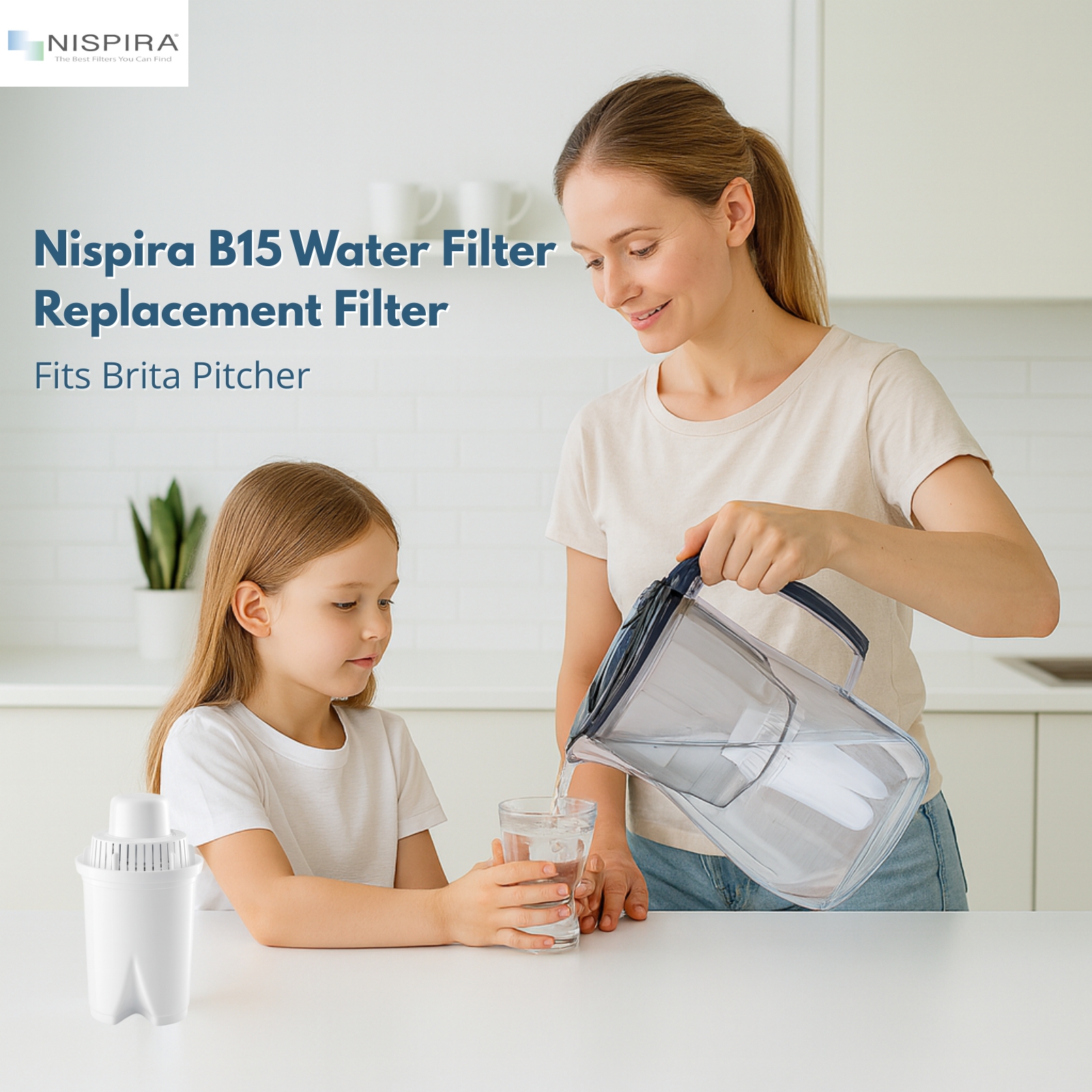 Nispira B15 Universal Water Filter Compatible with Brita Pitchers (Standard/Everyday/UltraMax), 45-Gallon (≈170 L) Capacity, Reduces Chlorine, Lead, Odor, Hardness & Limescale, BPA-Free, 9 Pack