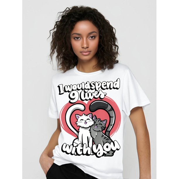 Camiseta de algodón para San Valentín con estampado de gato "Pasaría nueve vidas contigo", estampado geométrico, tejido de punto, sin bolsillo, 100 % algodón, ideal para el tiempo libre.