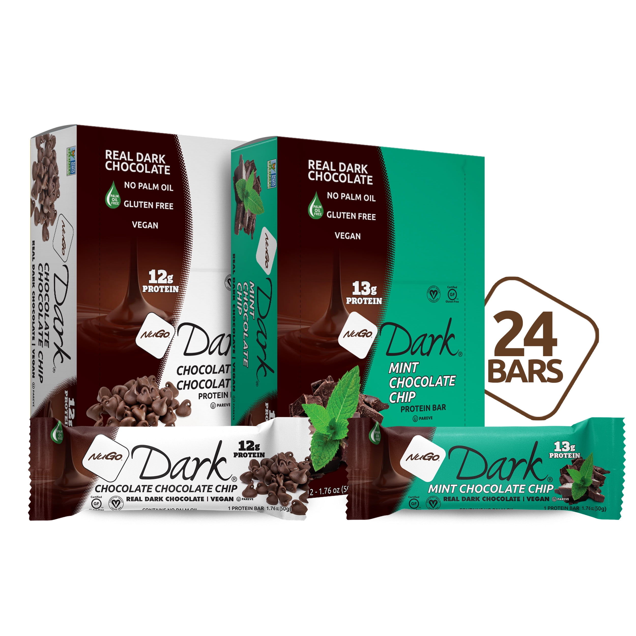 NuGo Dark Variety - Mint Chocolate Chip 12 Bars & Chocolate Chocolate Chip 12 Bars, Vegan, 200 Calorie, Gluten Free, 24 Count