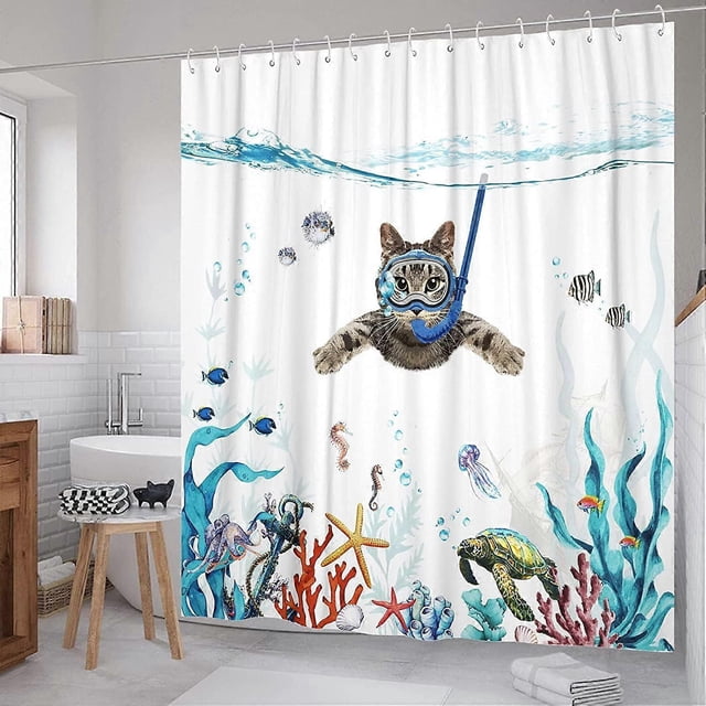 Shower Curtain 180 x 180 cm Diving Cat Ocean Print Waterproof Bath Curtain Washable Anti Quick Dry Polyester Fabric Bathroom Accessory with 12 Hooks