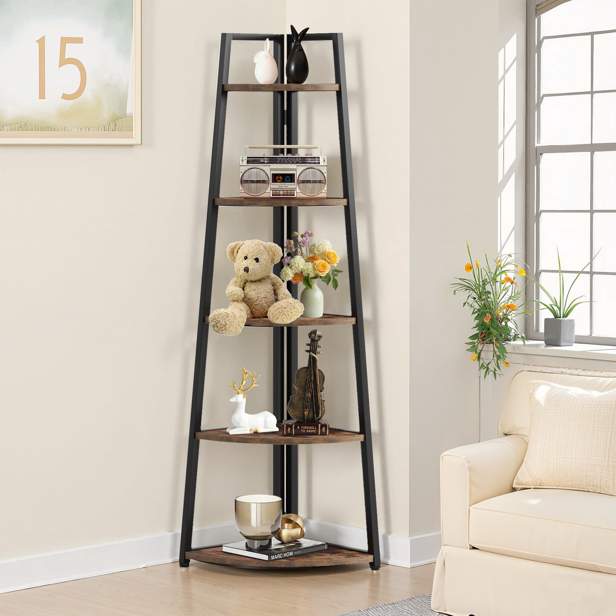 MAYEERTY Space-Saving 5-Tier Corner Ladder Bookcase, 70" Tall Storage Organizer for All Corners of Your Home