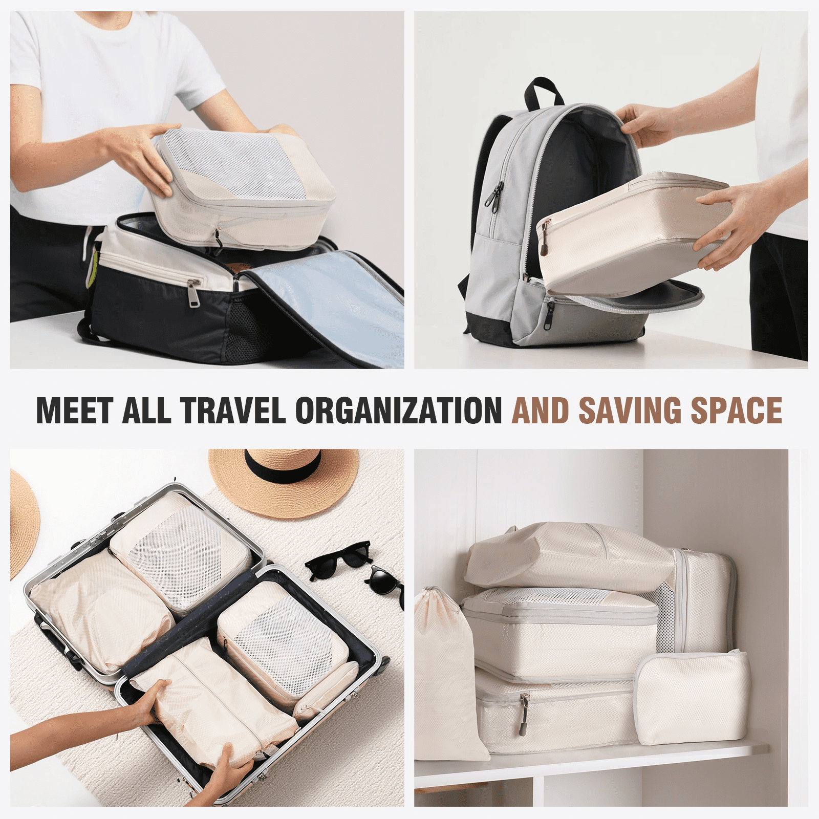Okaka Compression Packing Cubes Set, Beige, 6-Piece