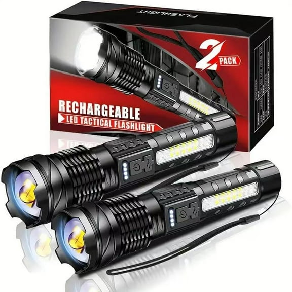 2PCS Rechargeable Flashlights High Lumens, 7mode Flashlights Rechargeable Super Bright T Flash Light Adjustable High Powered