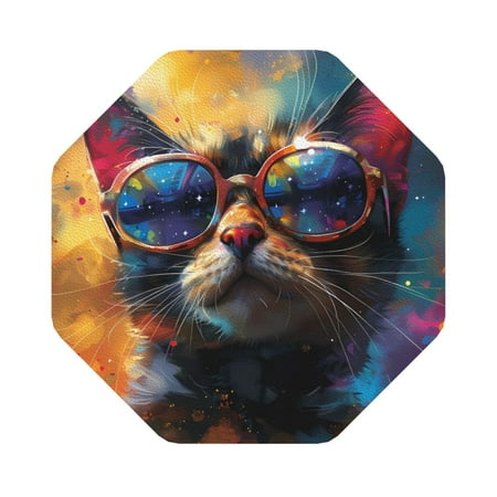 

Ocsxa Cool Cat With Sunglasses Coasters for Drinks Leather Coasters Set of 4 for Coffee Table for Housewarming Kitchen Bar Decor One Size