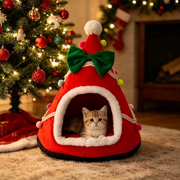 Semi‑Enclosed Cat Tent Bed Christmas Tree Shape Pet Cave Hut With Detachable Washable Cushion Warm Thermal Winter Indoor Sleeping Shelter for Xmas Festive Small Medium Cats