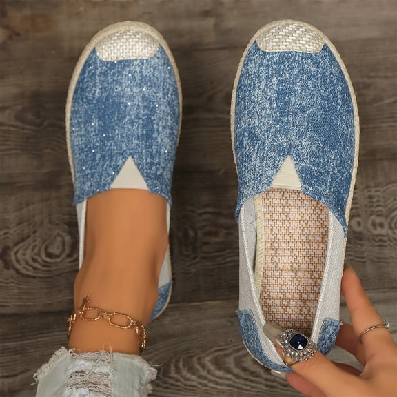 Willtoo Women Denim Spliced Espadrille Flats Breathable Casual Walking Shoes Lightweight Non Slip Slip‑On Loafers
