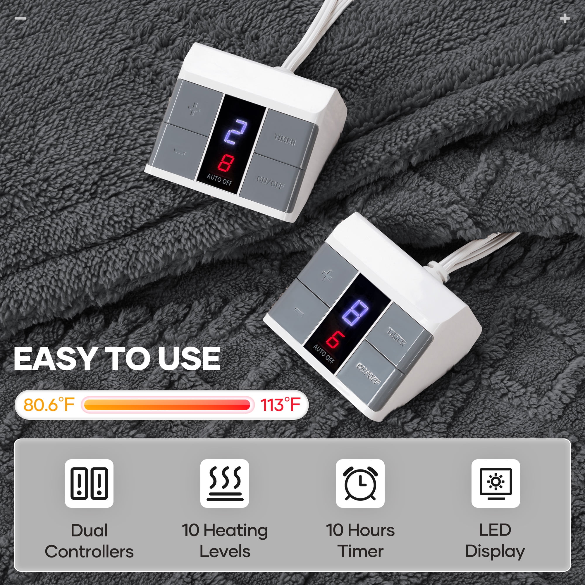 MaxKare Heated Blanket Queen Size Fast Heating Electric Blanket with Dual Controllers, 10 Heat Levels, 10H Timer, 84" x 90", Gray