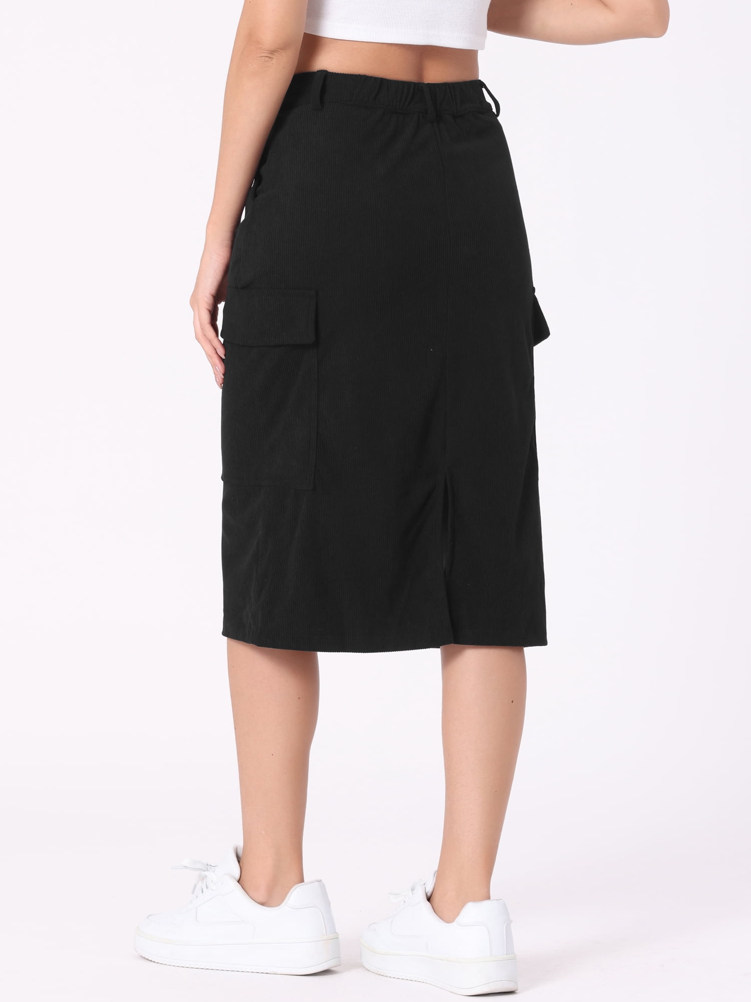 DARING DIVA Corduroy Cargo Skirts for Women's Elastic Back Midi Skirt XS Black