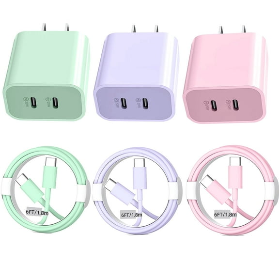 3Pack Color USB C Charger for iPhone 15 Charger Fast Charging,40W Dual Port Type C Fast Wall Charger Power Adapter with 6FT Long USB C to C Fast Charging Cord Cable Compatible for iPhone 15/15 Pro