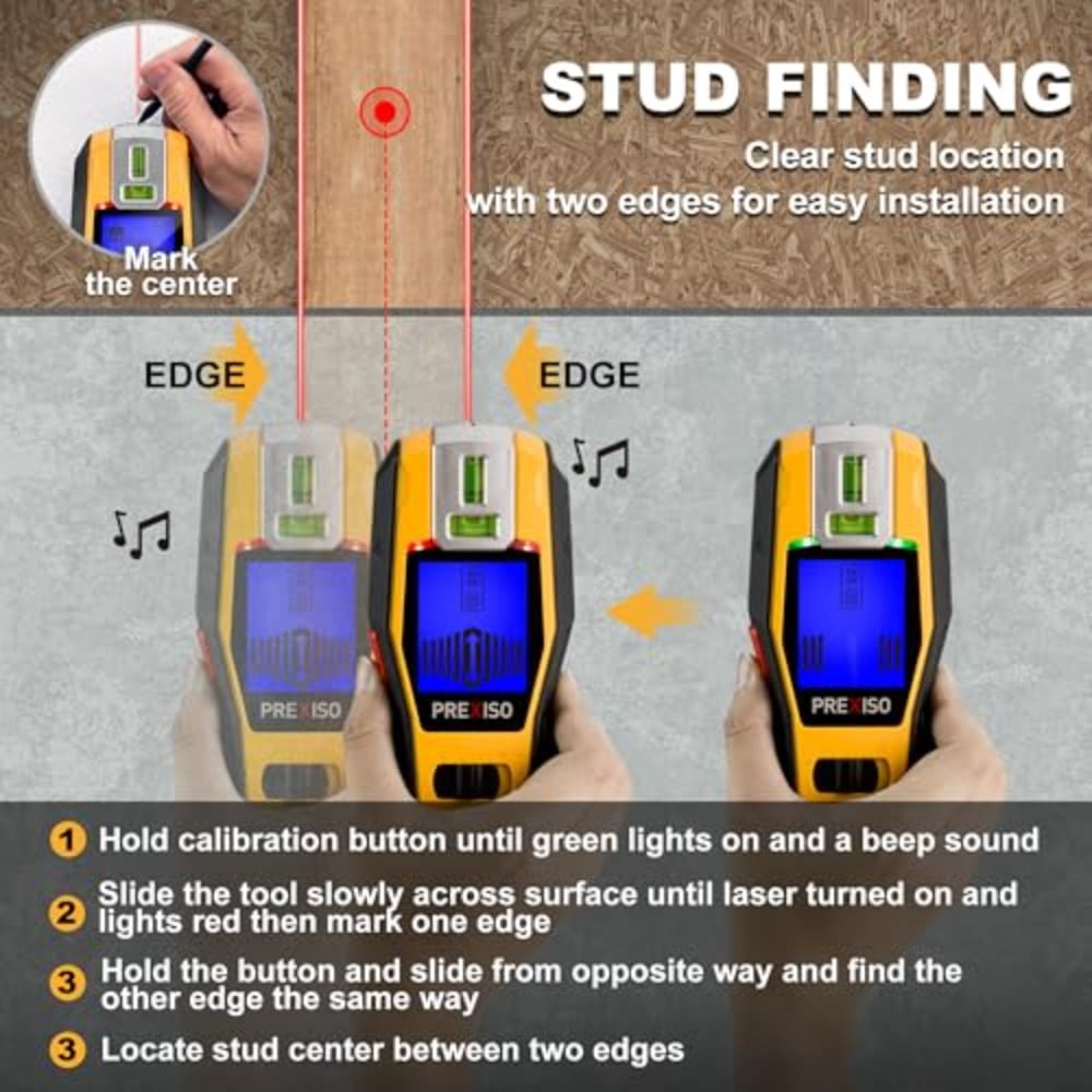 2-in-1 Stud Finder With Level  Rechargeable Multi Surface Cross Line & Wall Scanners Tool For Hanging Frames Picture Wood Ac Wire Metal Studs Joist Pipe Detection