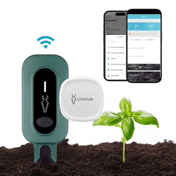 PLANTRON Afra II Smart Soil Moisture Sensor with WiFi Hub, LINKSTYLE 3-in-1 Soil Moisture, Temperature and Luminosity Tracker, IP67 Waterproof, Indoor/Outdoor, App Control, Remote Access