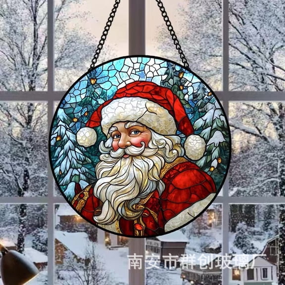 vintage Christmas Santa Claus Stained Glass Window Hanging,Christmas Santa Claus Suncatcher Diamond Glass Panel Hangings Scenery Sun Catchers Decor for Christmas 7.9 in