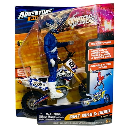 Adventure Force Nitro Circus Dirt Bike & Rider Toy, 1:12 Replica, Assorted Colors. Play Vehicle Type is a Dirt Bike.