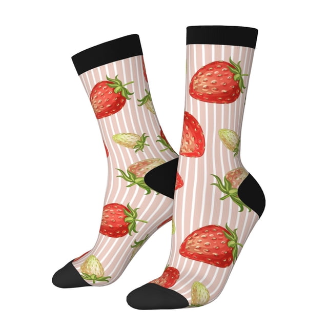 Wukai Strawberries Print Contrast Color Mid-tube Socks, 3D Printing Design Adult Socks, High Elastic Breathable Sports Socks, Suitable for Daily,Unisex
