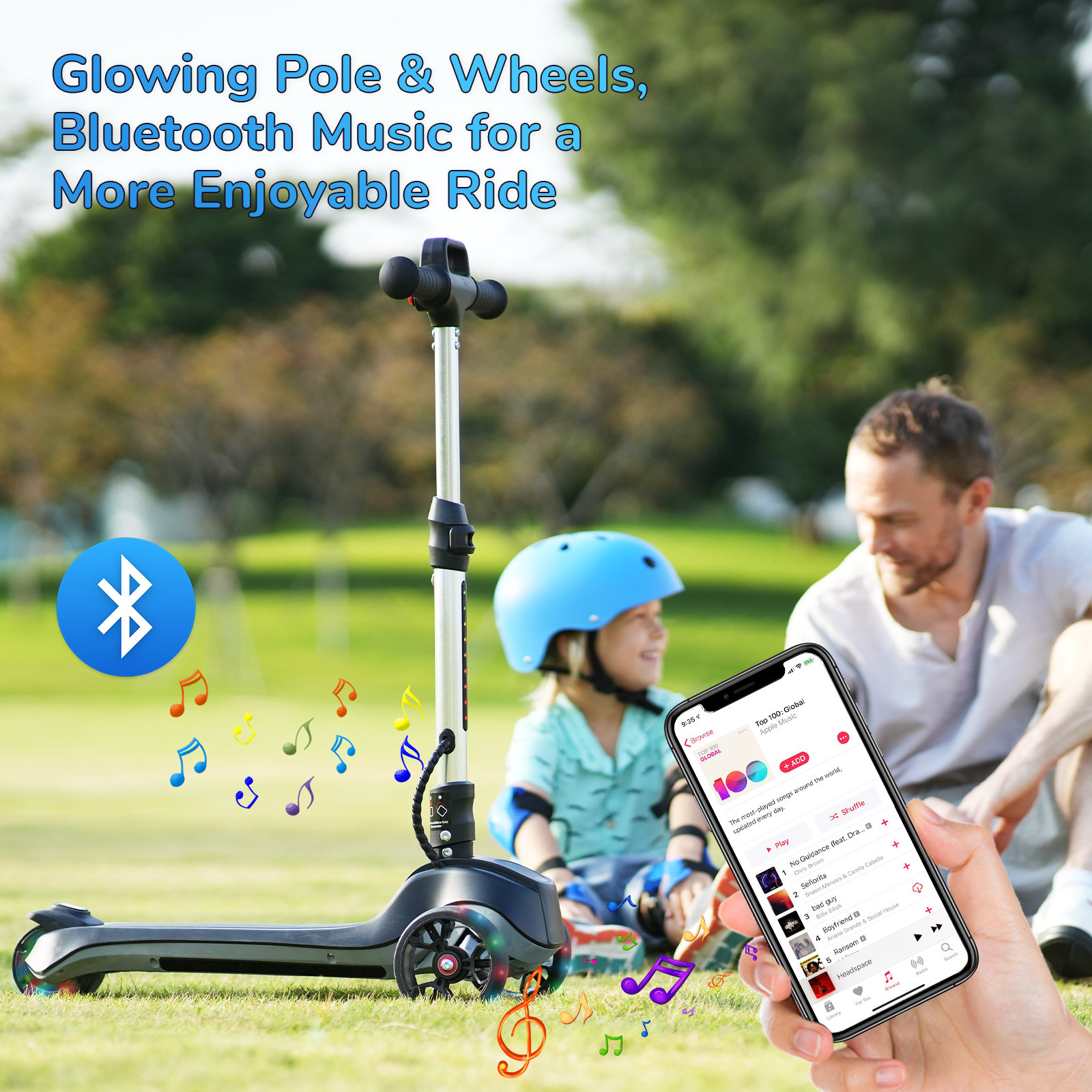 iScooter Electric Scooter for Kids Ages 3-6, Bluetooth Music Speaker, LED Light-up Wheels, Thumb Accelerator, 3-Adjustable Height Toddler Motorized Scooters, 3-Wheels Electric Scooter for Girls/Boys