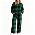 thumbnail image 7 of Two Piece Plaid Set for Women Long Sleeve Crew Neck Tops Wide Leg Pants Fall Winter Thicken Warm Soft Lounge Home Wear (XL, Army Green), 7 of 7