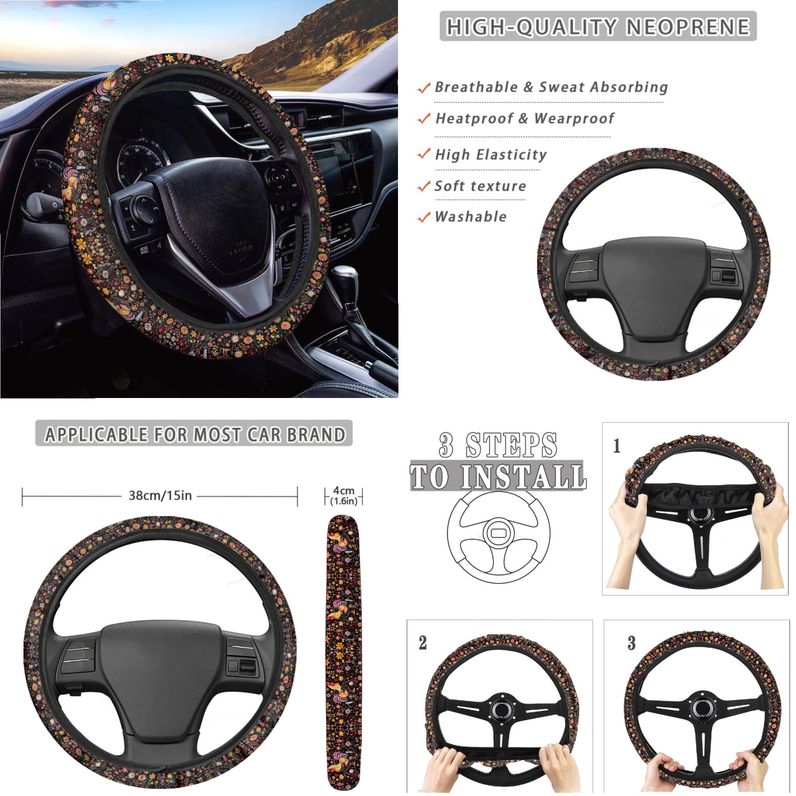 Yuyamidu 14 PCS Chicken Car Seat Cover Full Set with Steering Wheel Cover Floral Seat Belt Cover Cross Trash Can Rear View Mirror Cover Coaster Center Console Cover Gear Shift Knob Cover Set