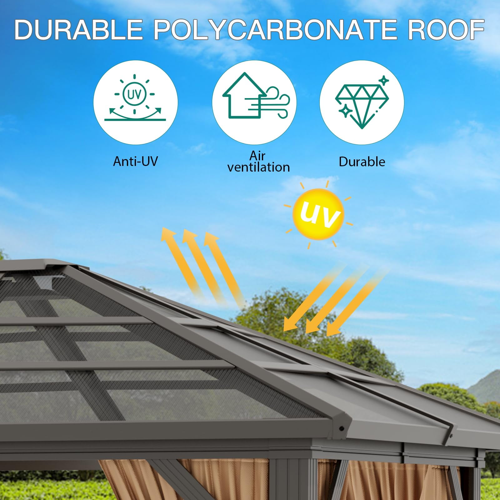 10' x 12' Hardtop Gazebo Outdoor Polycarbonate Patio Double Top Canopy Galvanized Iron Aluminum Column Garden Tent Curtains Netting for Backyards Decks Lawns