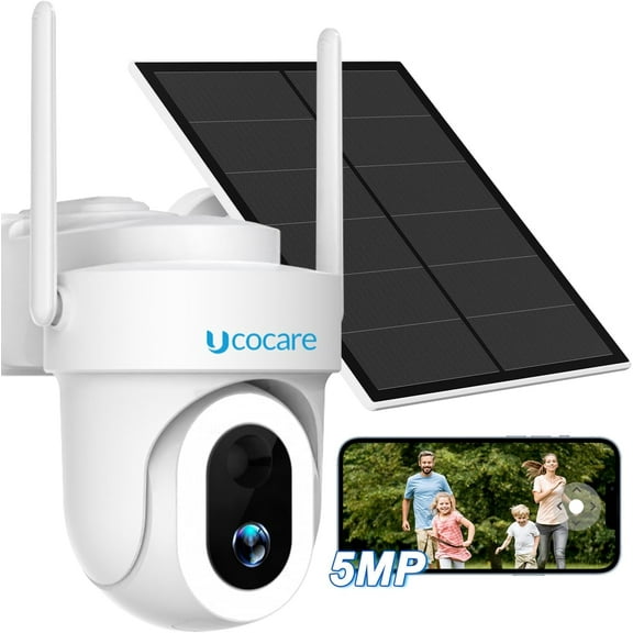 UCOCARE 5MP Security Cameras Wireless, Solar Security Cameras Wireless Outdoor with 360 View, Solar/Battery Powered 2.4GHz, Color Night Vision, Siren & Light Alarm, Human Detection, Work with Alexa