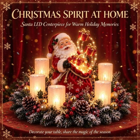 Christmas Lighted Centerpiece with Flameless Candle Glow, Holiday Lighted Table Decoration with Frosted Greenery Accents