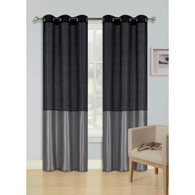 2pc Black Silver Heidi Faux Silk Drape Panel Top Chrome Metallic