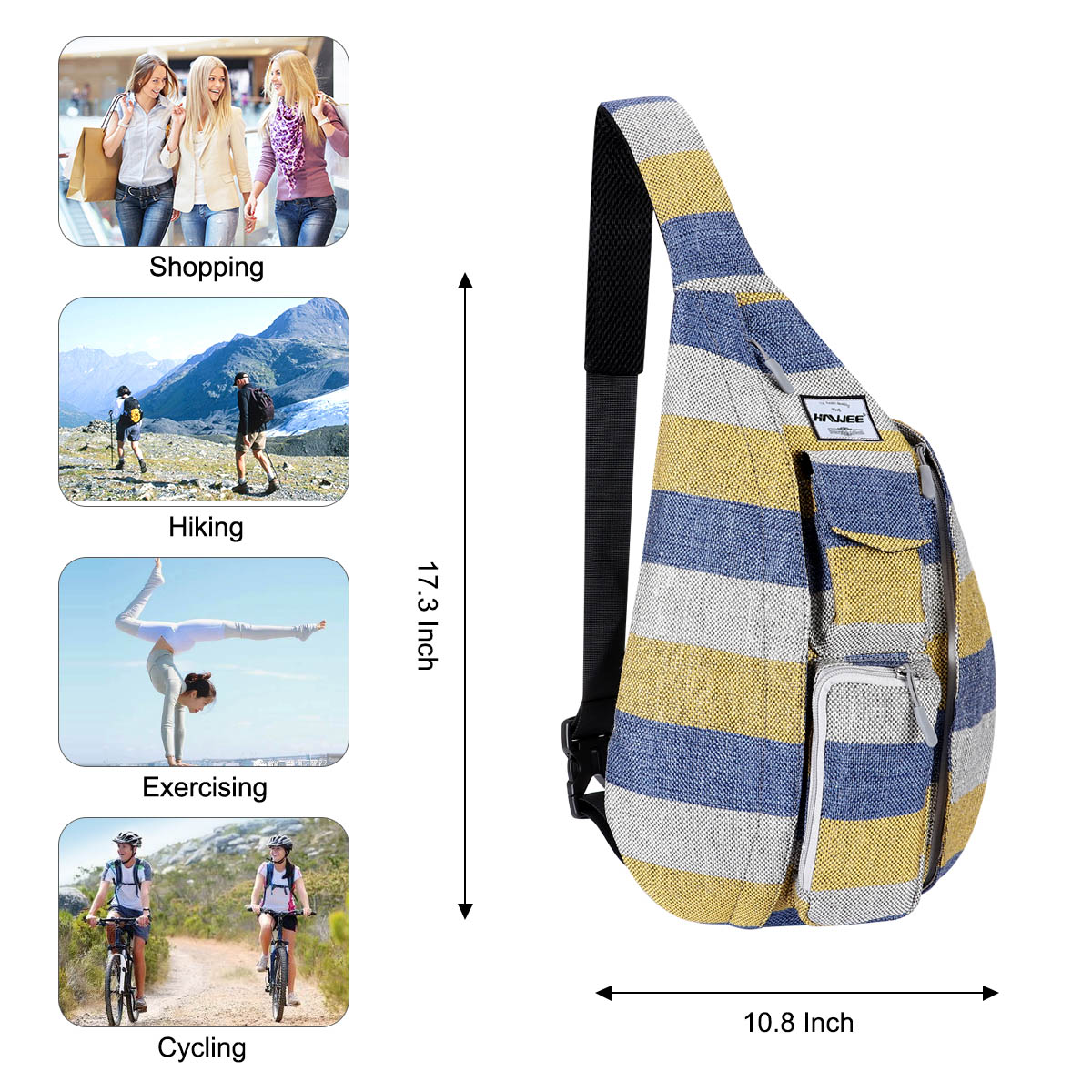 HAWEE Chest Daypack Hiking Backpack Sling Bag Sports Shoulder Travel Crossbody Daypack for Women, Wide Stripes of Yellow/ Blue/Gray - image 5 of 7
