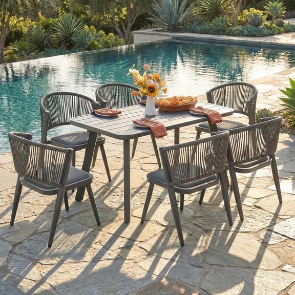ATKELITION 7-Piece Wicker Patio Dining Set, Aluminum Frame with 6 Chairs for Outdoor, Grey