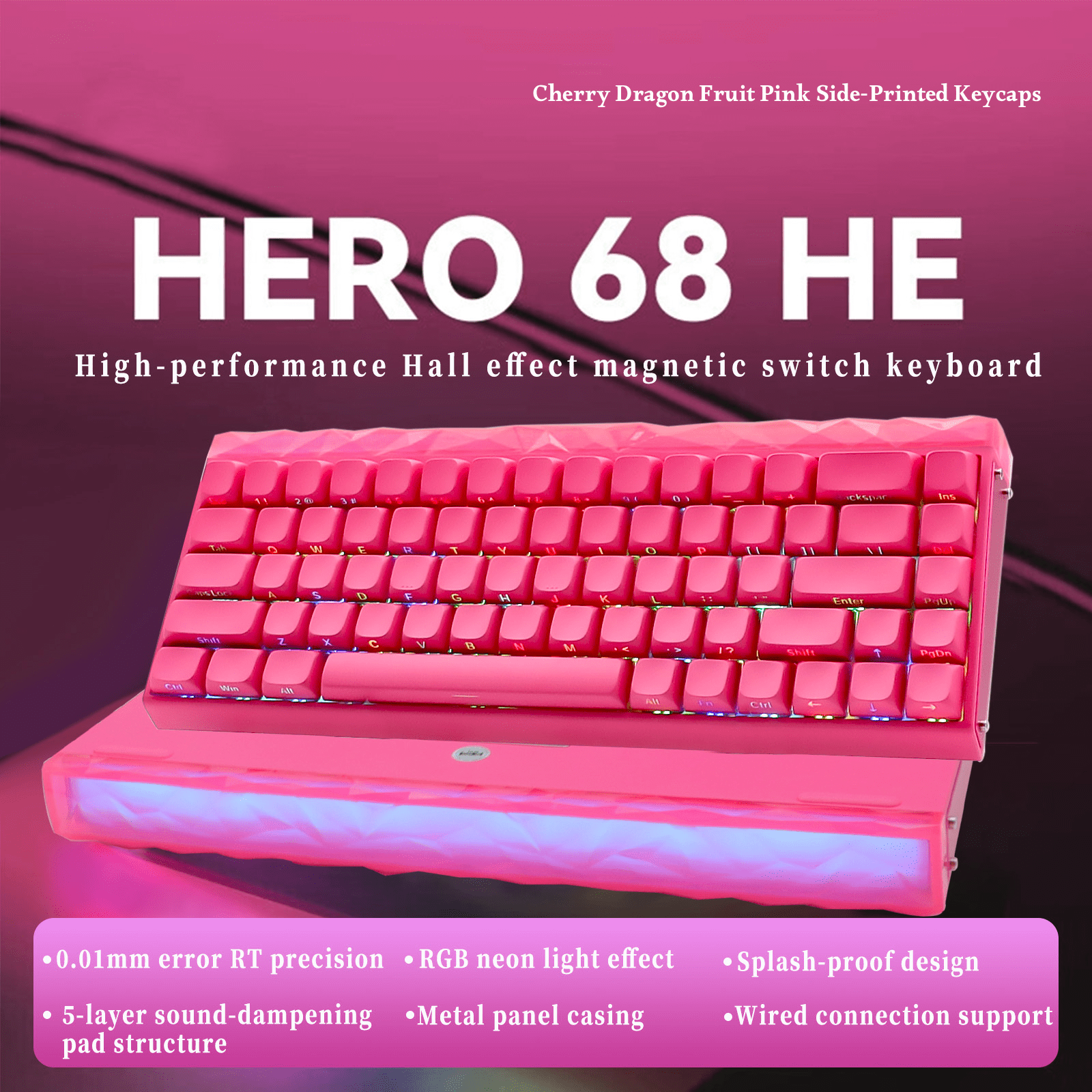 AULA Hero 68 HE 60% Wired Gaming Keyboard with Hall Effect Magnetic Switches, Rapid Trigger, RGB Backlight, Dragon Fruit Pink Ks(Side-Printed, Dragon King Magnetic Switch)