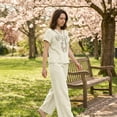 thumbnail image 5 of 2 Piece Sets for Women Short Sleeve Cotton Linen Embroidered Shirts Wide Leg Capri Pants with Pockets Matching Sets, 5 of 6