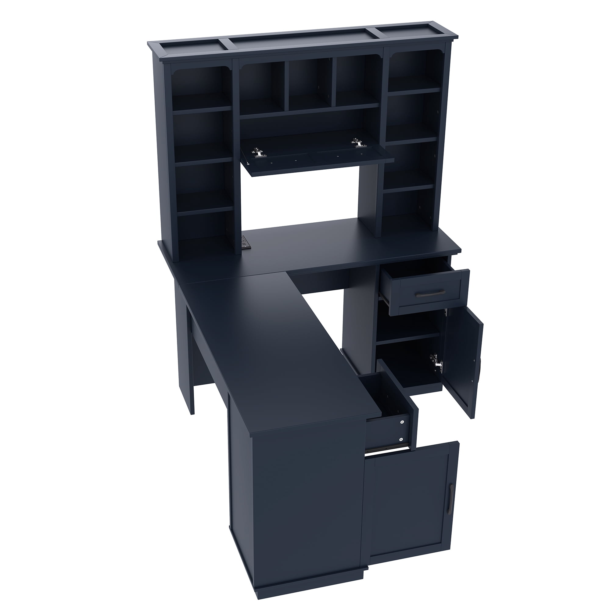 MDQMD Modern L-Shaped Blue Office Desk with Drawer and Shelves,Computer Desk with Storage for Study, Office