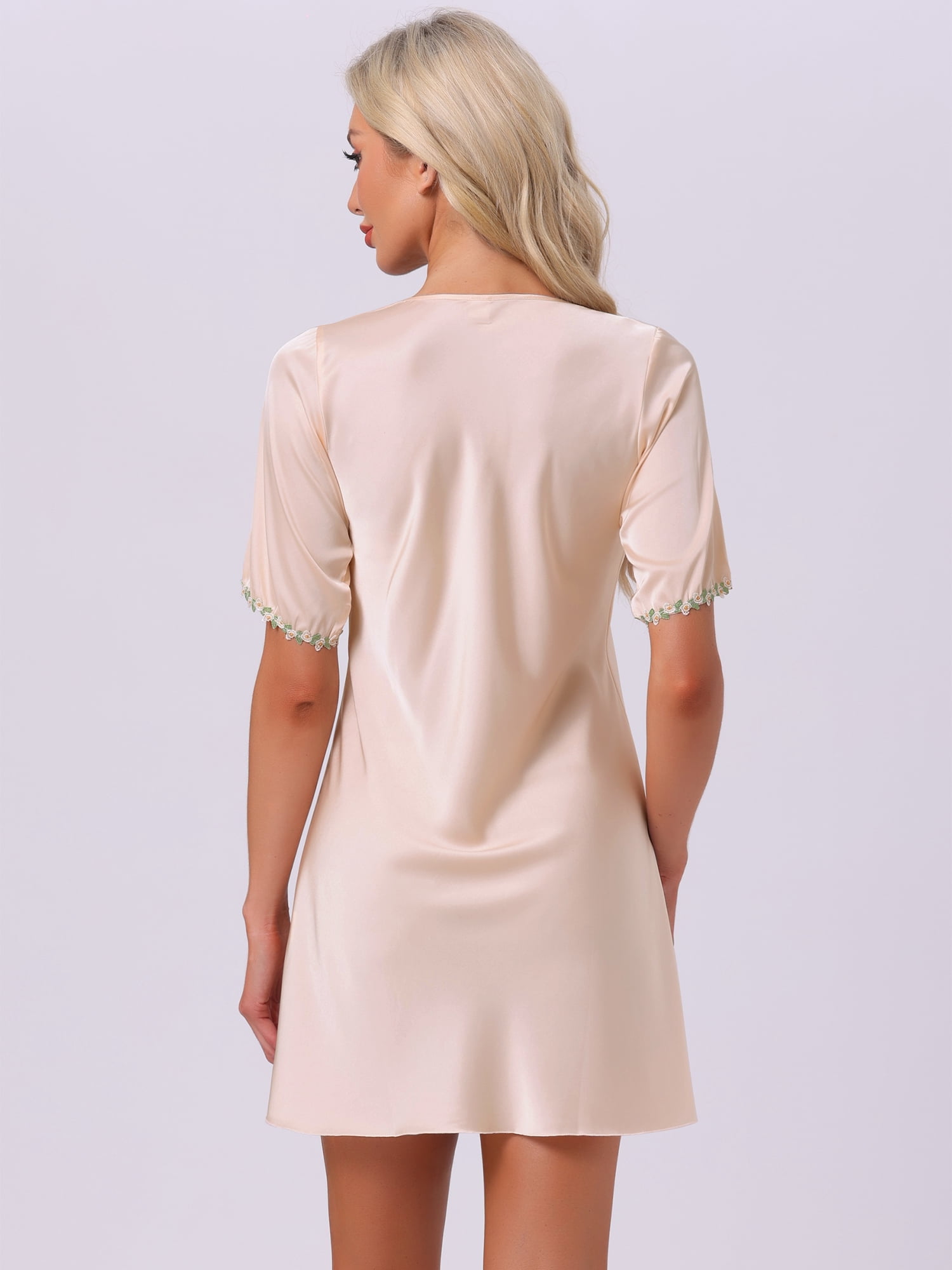 DARING DIVA Women's Floral Satin A-line V Neck Short Sleeve Sleepdress XS Beige